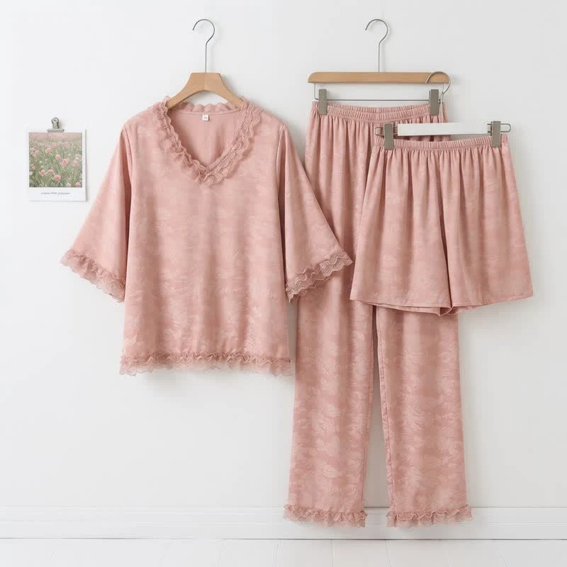 Recyclable Ownkoti Pink Ruffle Trim Jacquard Pajama Set 3PCS Reusable