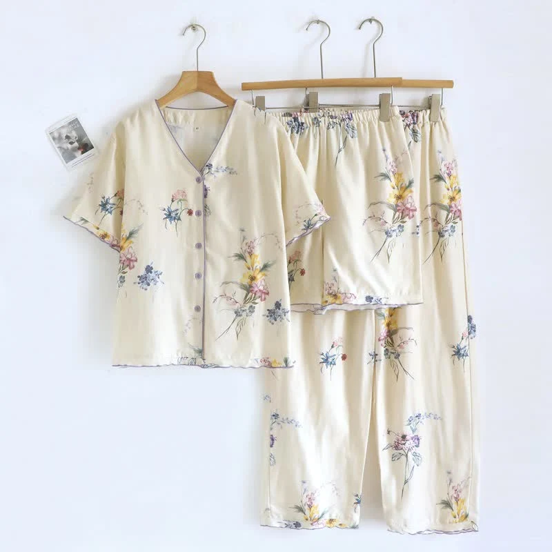 High-Quality Ownkoti Iris Floral Cotton Women 39 s Pajamas 3PCS Detailed