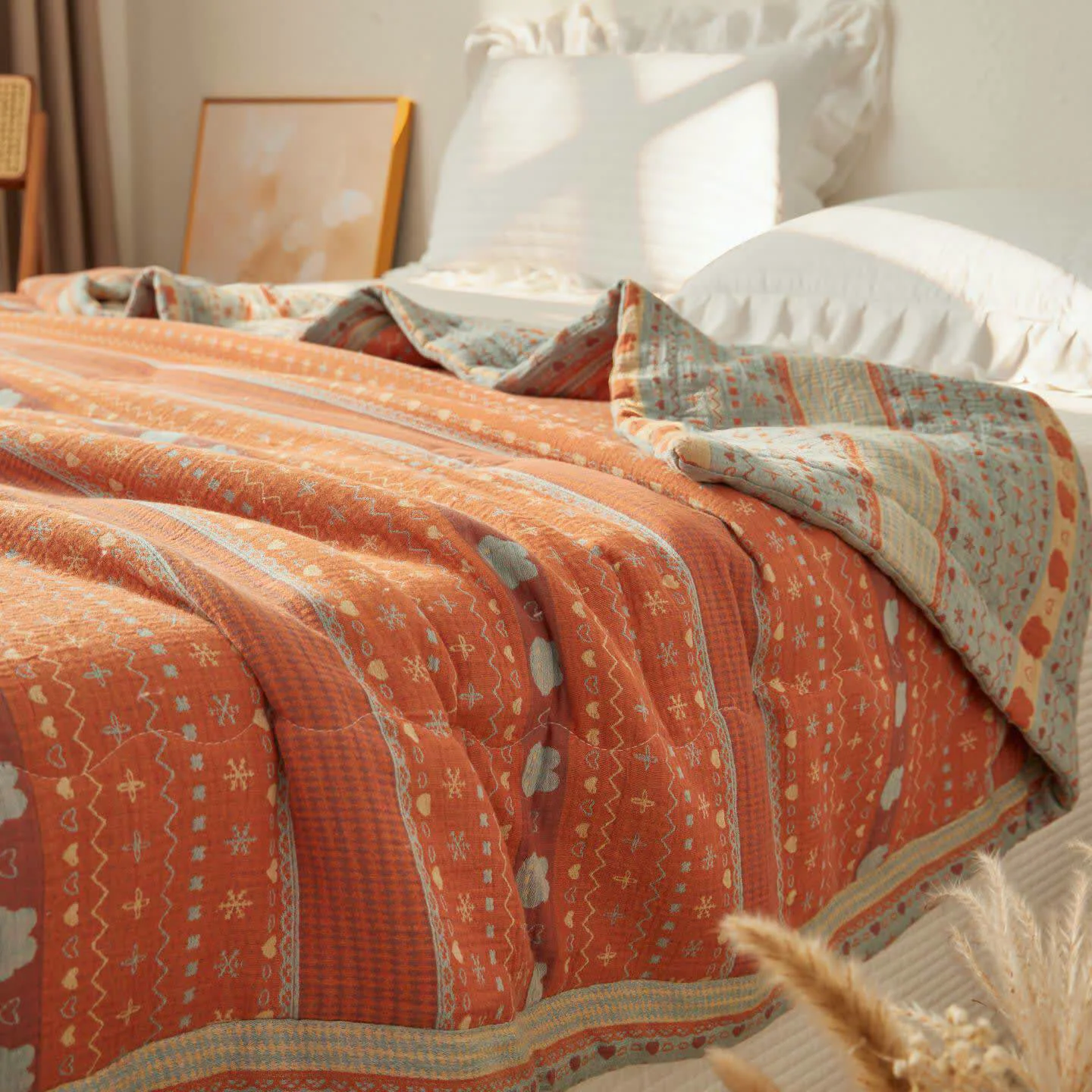Safe Ownkoti Vintage Boho Cotton Muslin Blanket Quilt Top-Quality