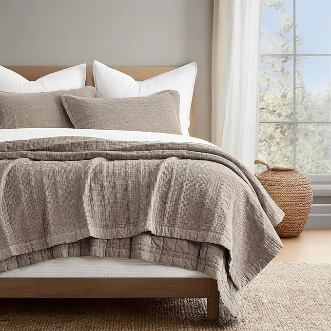 Fine Crafted EVERGRACEHOME Stonewashed Cotton Quilt Set Queen Size Ultra Soft Oversized Bedspread Coverlet Set Lightweight Crinkle Box Stitch Bedding Sets for All Season with 2 Shams Truffle Taupe Brown Modern
