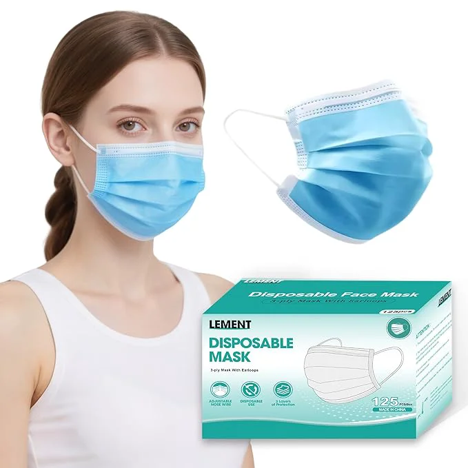 Organic LEMENT 125 Pcs Blue Disposable Face Masks 3 Ply Face Mask Elastic Earloops Smart