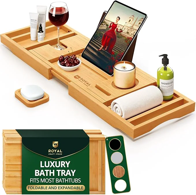 Verified ROYAL CRAFT WOOD Premium Foldable Bathtub Tray Caddy Luxury