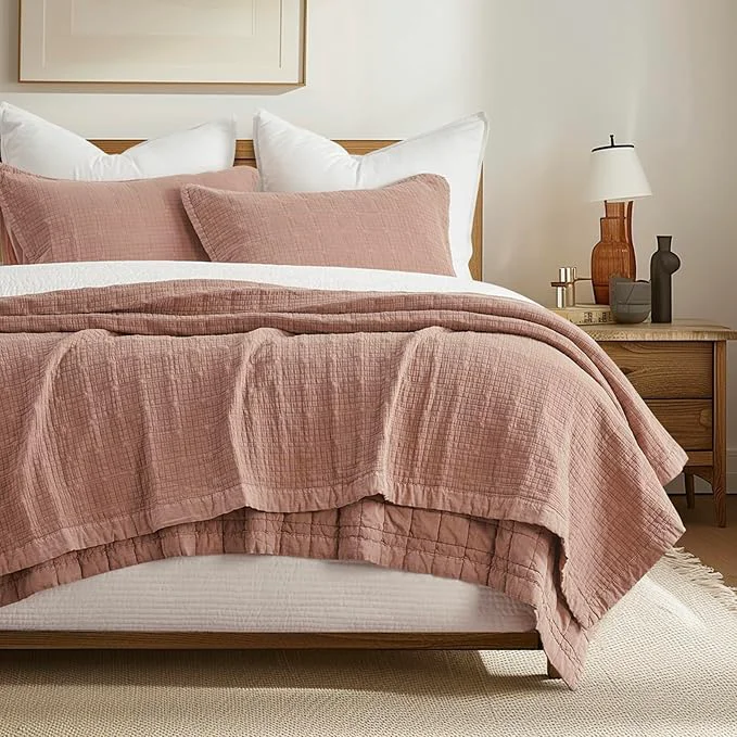 Relaxed EVERGRACEHOME Stonewashed Cotton Quilt Set King Size Ultra Soft Oversized Bedspread Coverlet Set Lightweight Crinkle Box Stitch Bedding Sets for All Season with 2 Shams Terracotta Clay Proven