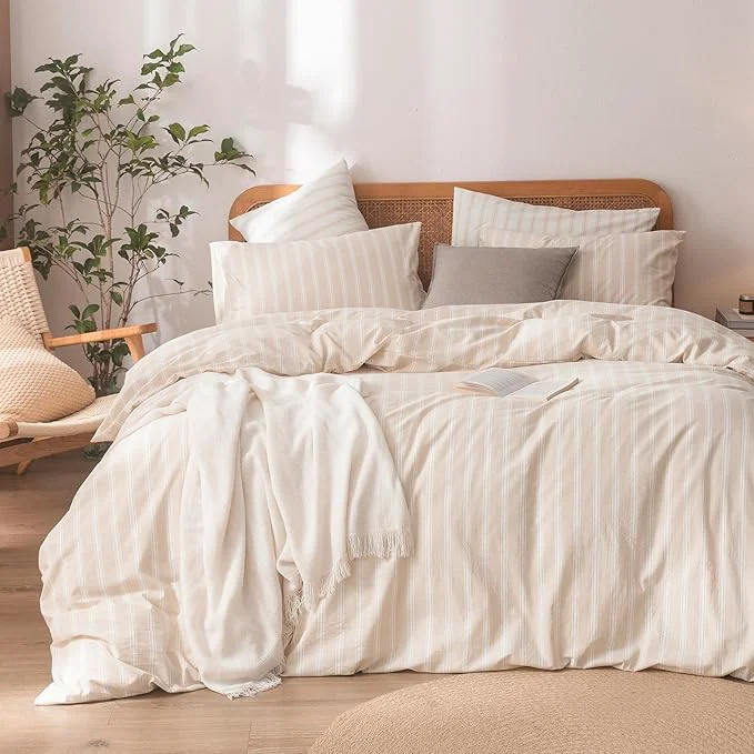 Minimalist OUCH Duvet Cover Set Washed Cotton Linen Feel Super Soft Comfortable Chic Lightweight 3 PCs Home Bedding Set Almond Grey amp White Stripes Queen Premium Material