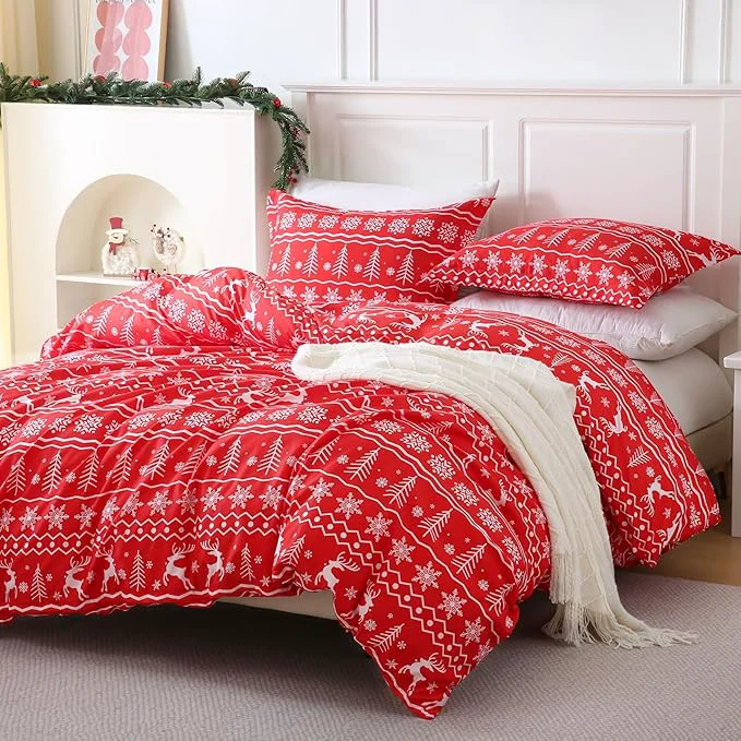 Smart JSD Vintage Christmas Duvet Cover Set Twin Size 2 Piece Red Snowflakes Reindeer Snowflakes Printed Microfiber Duvet Comforter Cover with Pillow Sham Innovative