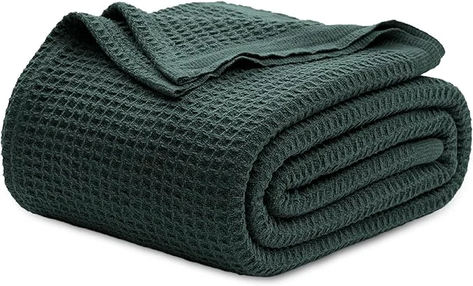 Advanced Bedsure Gentlesoft Cotton Blanket Queen Size for Bed - Breathable and Soft for Spring Summer Thick Cozy Waffle Weave Blanket Gifts for Women Dark Green 90x90 Inches High-Performance
