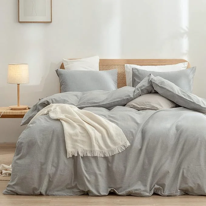 Crafted OUCH Duvet Cover Set Washed Cotton Linen Feel Super Soft Comfortable Chic Lightweight 3 PCs Home Bedding Set Solid Light Grey Cal King Easy-to-Use