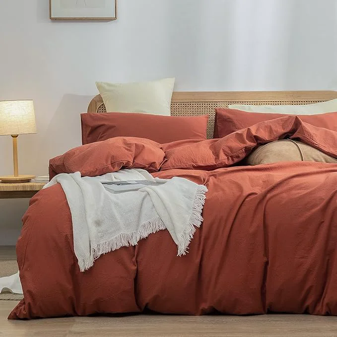 Fine OUCH Duvet Cover Set Washed Cotton Linen Feel Super Soft Comfortable Chic Lightweight 3 PCs Home Bedding Set Crimson Red King Recyclable