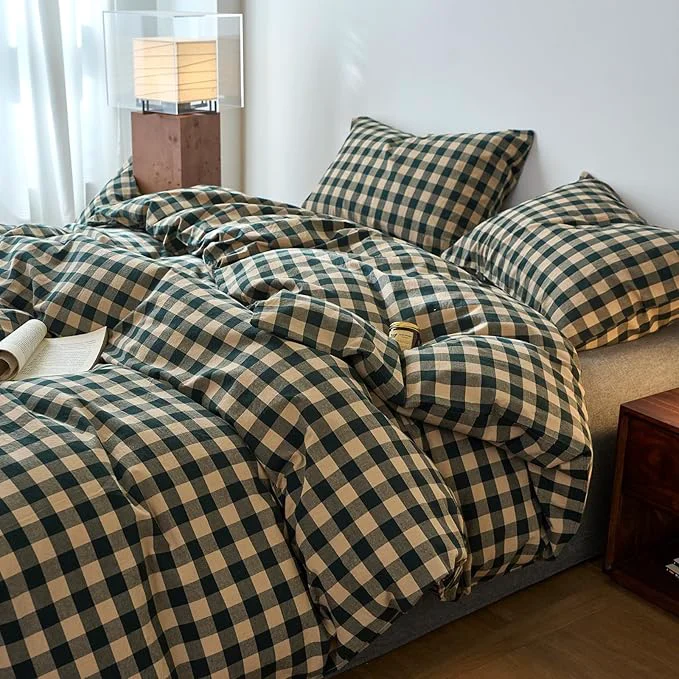 Comfortable VM VOUGEMARKET Teal Beige Plaid Duvet Cover Set Washed Cotton Linen Like Textured Breathable Durable Comfy Modern Bedding Set for Boys Men Queen 90 quot x90 quot Fast