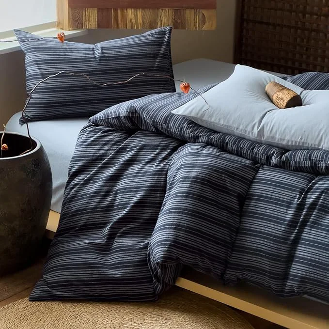 High-Quality VM VOUGEMARKET Blue White Stripe Duvet Cover Set – Soft Washed Cotton Modern Neutral Ticking Pinstripe Minimalist 3 Pieces Navy Blue Queen Size Original