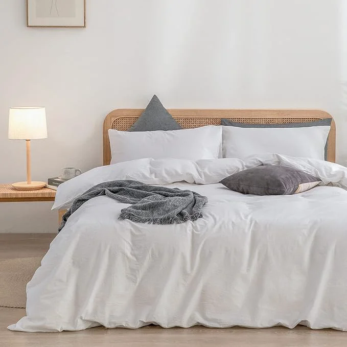 Modern OUCH Duvet Cover Set Washed Cotton Linen Feel Super Soft Comfortable Chic Lightweight 3 PCs Home Bedding Set Solid Bright White Full Double Professional
