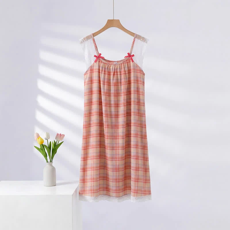 Clean Ownkoti Rainbow Plaid Double Gauze Lace Trim NightDress User-Friendly