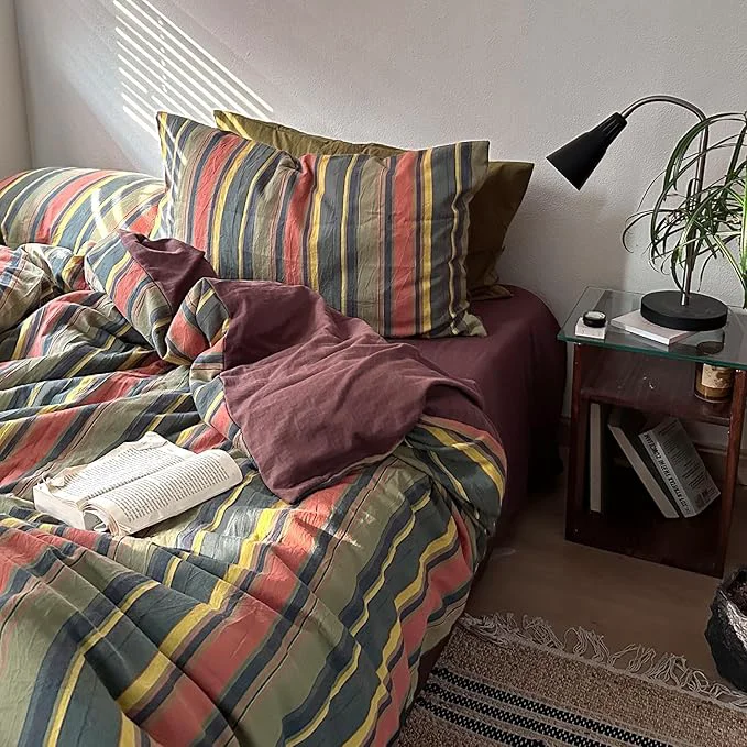 Fine Crafted VM VOUGEMARKET Multicolor Striped Duvet Cover Queen Size Washed Cotton Stripes Bedding Duvet Cover Set - Cozy Boho Stylish Bedding Set for Men amp Women Exceptional