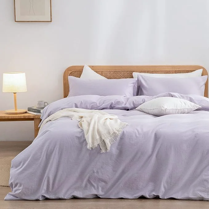 Convenient OUCH Duvet Cover Set Washed Cotton Linen Feel Super Soft Comfortable Chic Lightweight 3 PCs Home Bedding Set Solid Taro Purple Queen Optimized
