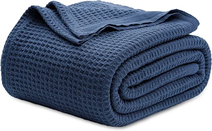 Eco-Friendly Bedsure Gentlesoft Cotton Blanket Queen Size for Bed - Cooling Breathable and Soft for Spring Summer Thick Cozy Waffle Weave Blanket Gifts for Women Navy 90x90 Inches Crafted