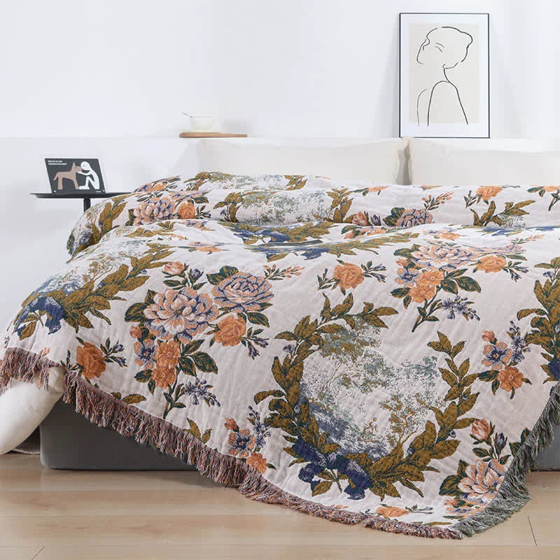 Fashionable Ownkoti 4-Layer Cotton Gauze Baroque Floral Bedspread Quilt Premium
