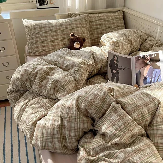 Carefully Designed MKXI Pistachio and Pink Plaid Duvet Cover Twin XL 3-Piece Vintage Aesthetic Bedding Set Washed Cotton Breathable amp Lightweight Reversible Design with Zipper Closure Trendy