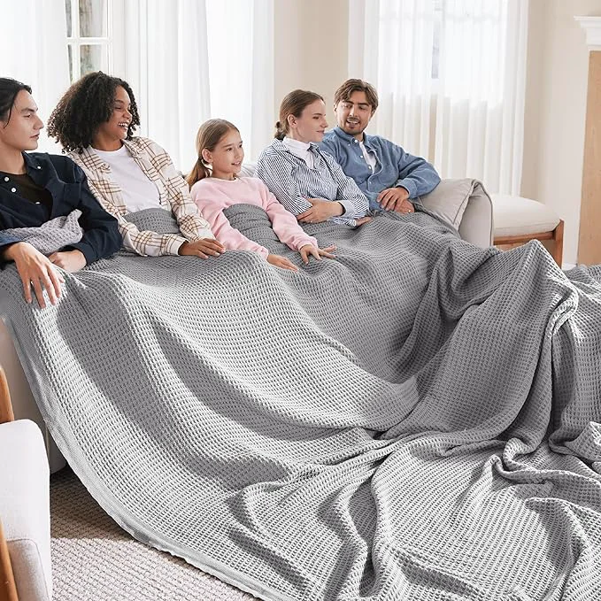 Certified Bedsure Gentlesoft Cotton Big Blanket Oversized King for Bed - Large Breathable Thick Cooling Waffle Weave Blanket for Summer Couch Cover Grey 120x94 inches Flexible
