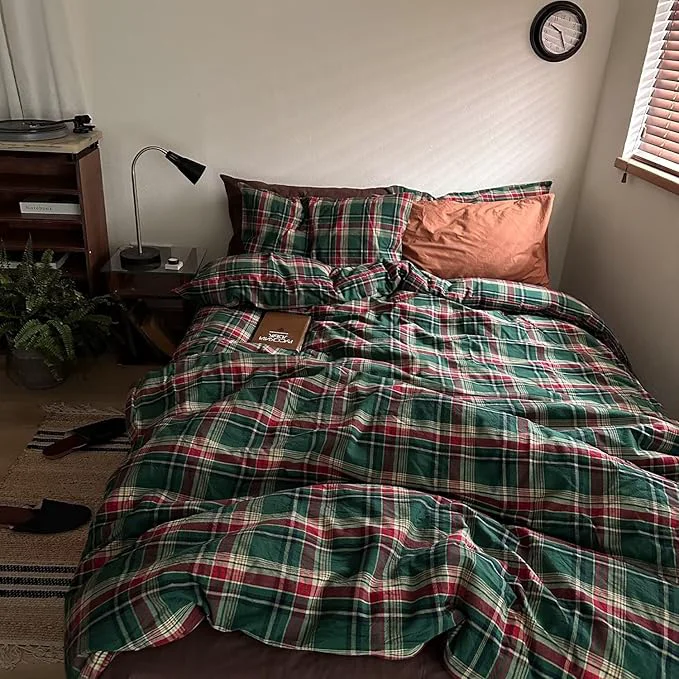 Sustainable MKXI Vintage Buffalo Plaid Duvet Cover Set 3-Piece Washed Cotton Reversible Bedding Green Red Checkered King Size with Zipper amp Corner Ties Farmhouse amp Shabby Chic Design Proven