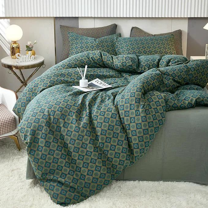 Authentic VM VOUGEMARKET Linen Cotton Duvet Cover Queen 3 Pcs Yarn-Dyed Textured Duvet Cover Set Green Flower Geometric Bedding Set Ultra Soft and Breathable Comforter Cover Set Relaxed