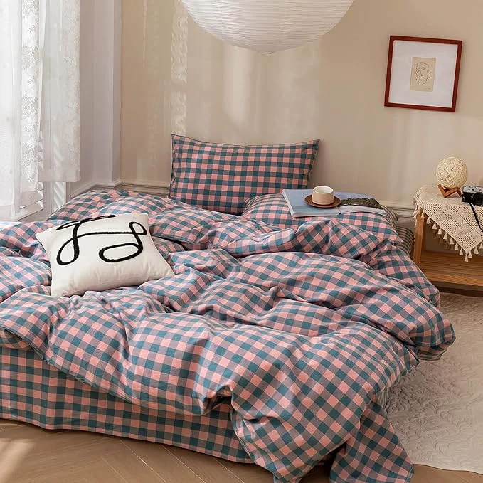 Elite VM VOUGEMARKET Purple Pink Plaid Bedding Set Queen 3 Pieces Pink Blue Grid Duvet Cover with Zipper Ties 2 Pillowcases Washed Cotton Luxury Soft Breathable Durable Reusable