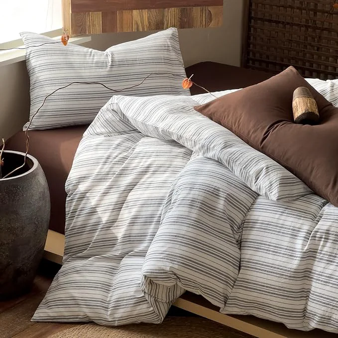 Premium Material VM VOUGEMARKET Washed Cotton Duvet Cover King – Minimalist Neutral Tone White Black Stripes Breathable Lightweight Bedding Set for Contemporary Homes