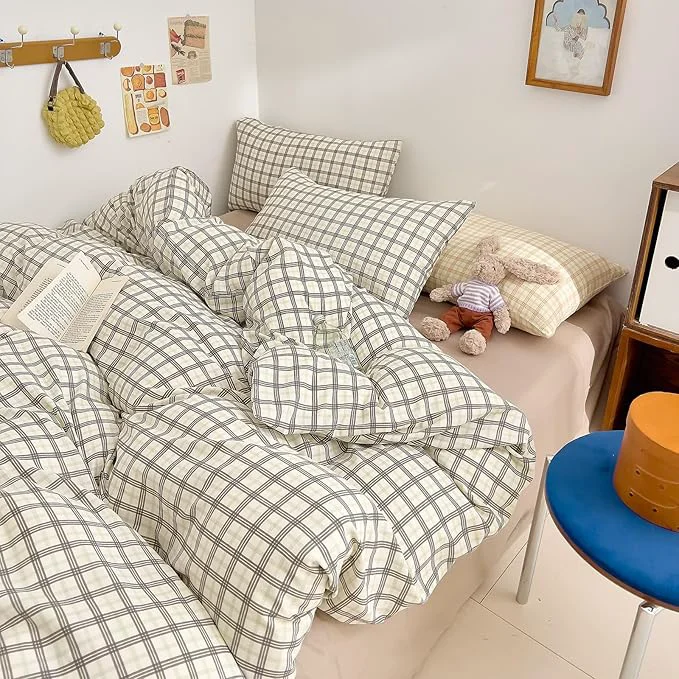 Specialty VM VOUGEMARKET Soft Muslin Cotton Duvet Cover Set King Grey White Plaid Checkered Bedding Set Linen Cotton Textured Breathable Comfy Duvet Cover with Zipper Closure Practical