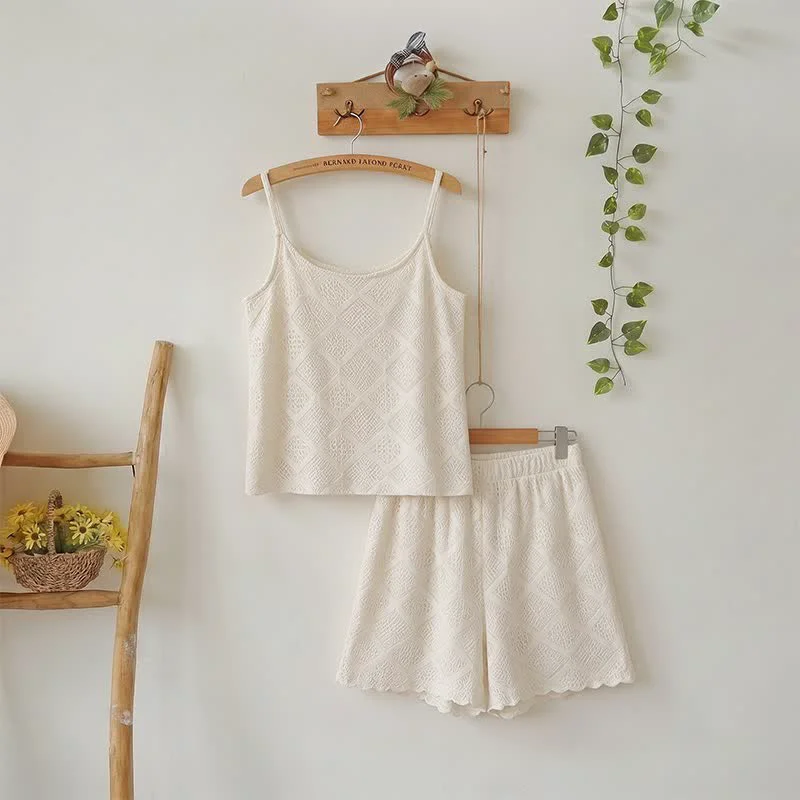 High-End Ownkoti Beige Jacquard Cami Shorts pajama Set High-Quality