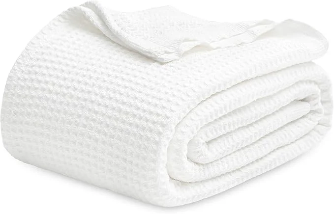 Dependable Bedsure Gentlesoft Cotton Blanket Queen Size for Bed - Cooling Breathable and Soft for Spring Summer Thick Cozy Waffle Weave Blanket Gifts for Women White 90x90 Inches Recyclable