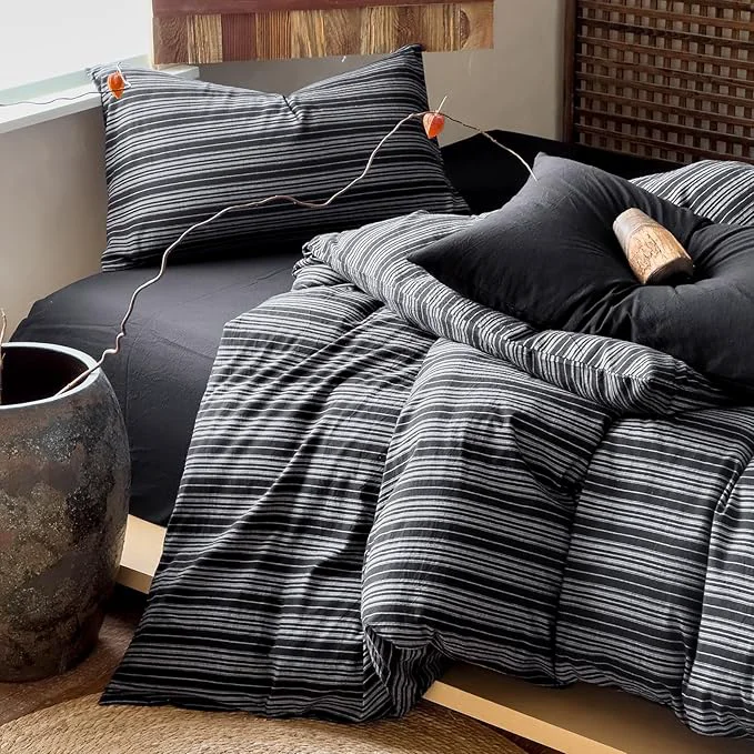 Optimized VM VOUGEMARKET Minimalist Black Stripe Duvet Cover Set – Soft Washed Cotton Modern Neutral Ticking Pinstripe Farmhouse 3 Pieces Black amp White Queen Size Lightweight