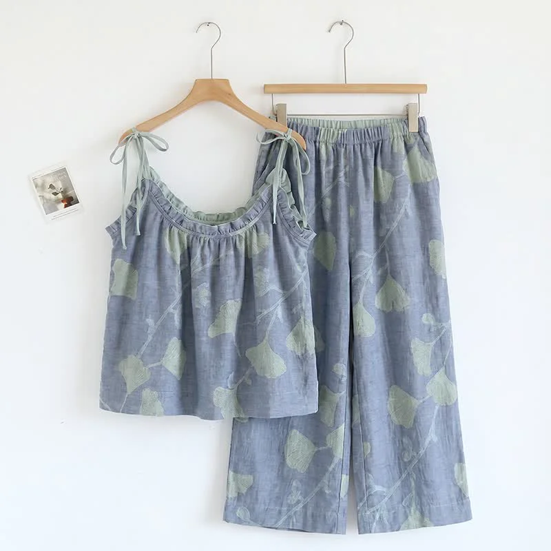 Efficient Ownkoti Ginkgo Leaf Cami Ruffled Pajama Set Verified
