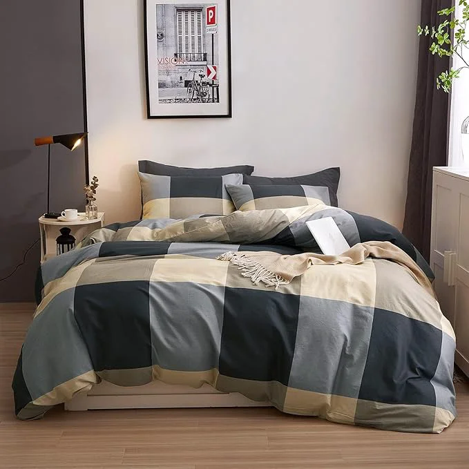 Refined VM VOUGEMARKET Cotton Full Duvet Cover Set 3 Pieces Black Gray Plaid Duvet Cover with 2 Pillowcases Modern Simple Checkered Comforter Cover for Teens Boys Men-80x90 Inch Relaxed