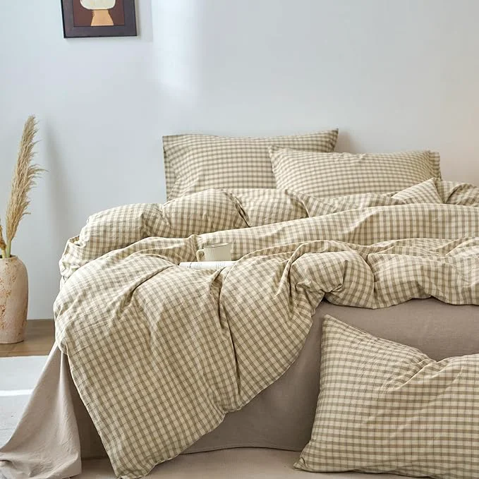 Fine Taupe Plaid Gingham Duvet Cover King 3 Pieces Checkered Grid Duvet Cover Washed Cotton Beige amp Mocha Plaid Comforter Cover with Zipper Closure 2 Pillowcases Luxury Soft Breathable Bedding Set Carefully Designed