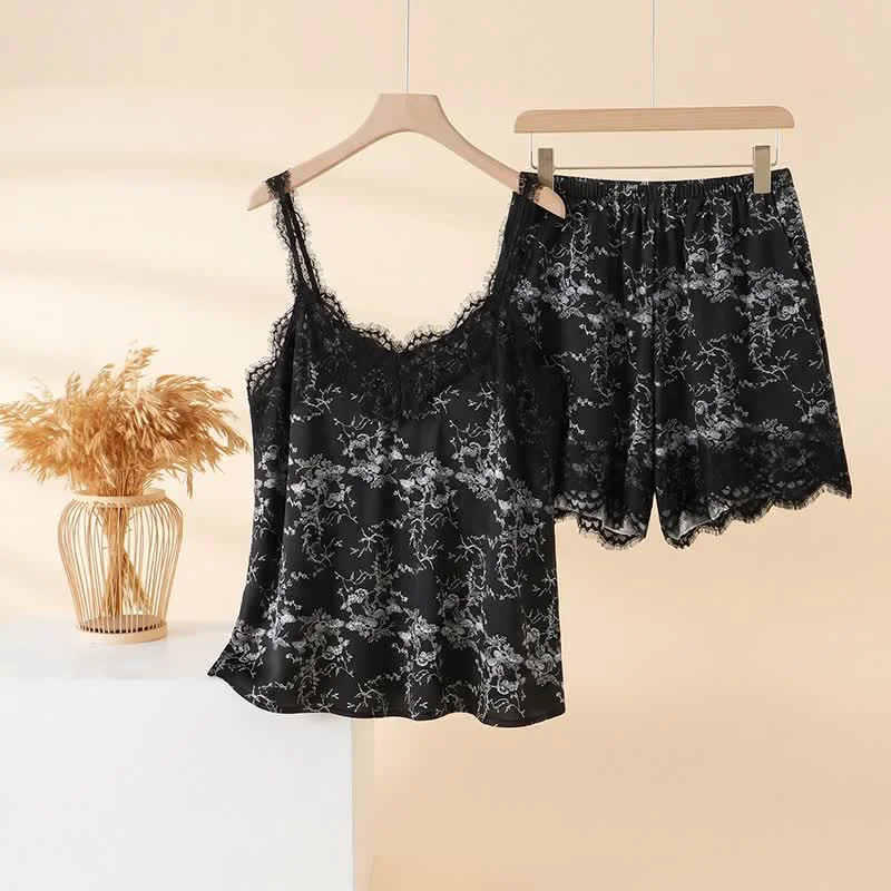 Top-Quality Ownkoti Black Floral Lace Cami Lounge Set Crafted