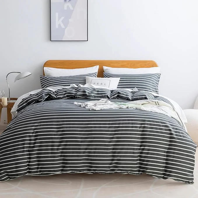 Sustainable JELLYMONI Natural Cotton 3pcs Striped Duvet Cover Sets Dark Grey with White Stripes Pattern Printed Comforter Cover with Zipper Closure amp Corner Ties Queen Size Efficient