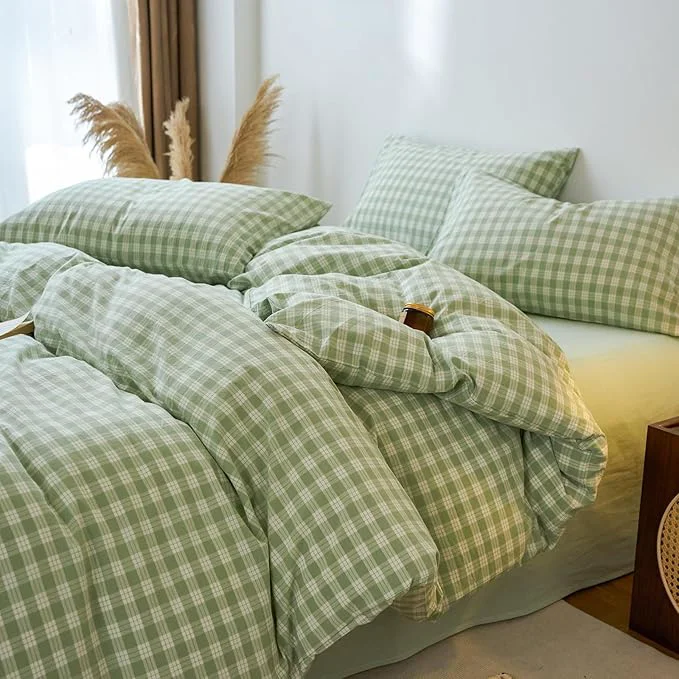 Minimalist Green Gingham Queen Duvet Covers Washed Cotton Boho Comforter Covers Queen Size Soft Cute Farmhouse Plaid Duvet Cover Set with Hidden Zipper Chic Teen Bedding Set Checkered Duvet Protector Top-Quality