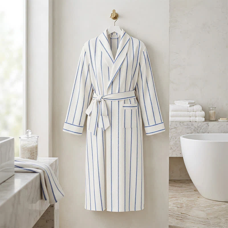 Genuine Ownkoti Blue Striped Cotton Long Bathrobe with Belt amp Pockets Advanced
