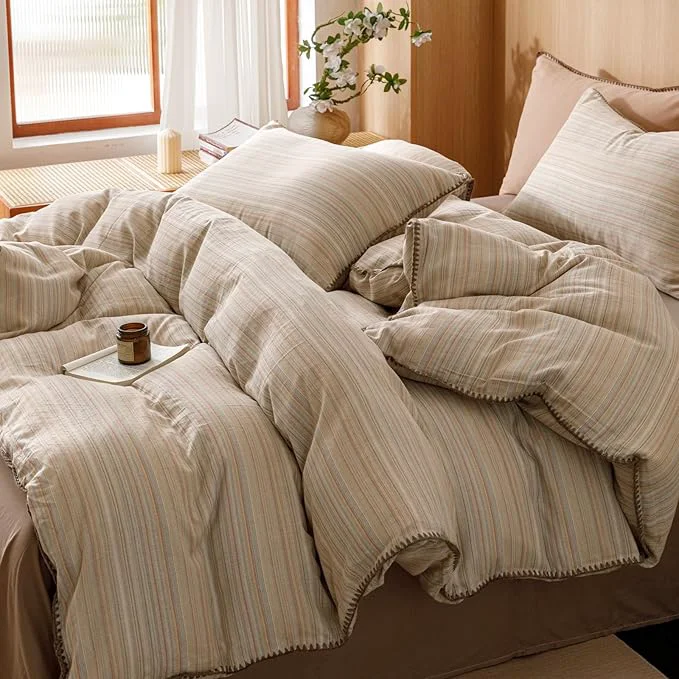 Casual VM VOUGEMARKET Stripes Duvet Cover Set Queen 3pcs Yarn Dyed Muslin Cotton Horizontal Pinstripe Ticking Pattern Bedding Set - Tan Brown Stripe Queen Size Easy-to-Use