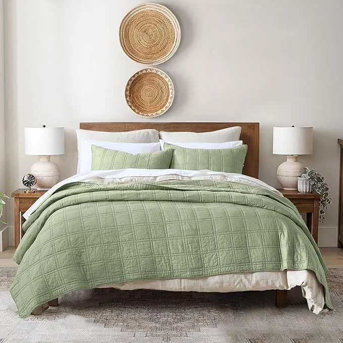 Fine HORIMOTE HOME Cotton Quilt Set Twin Size Sage Green Pre-Washed Bedspreads Coverlet Set in Geometric Pattern Cozy Lightweight Stitching Decorative Bedding Cover with 1 Sham for All Season Solid