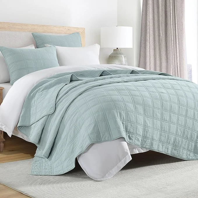 Solid HORIMOTE HOME Cotton Quilt Set King Size Paleturquoise Pre-Washed Bedspreads Coverlet Set in Geometric Pattern Cozy Lightweight Stitching Decorative Bedding Cover with 2 Shams for All Season Contemporary