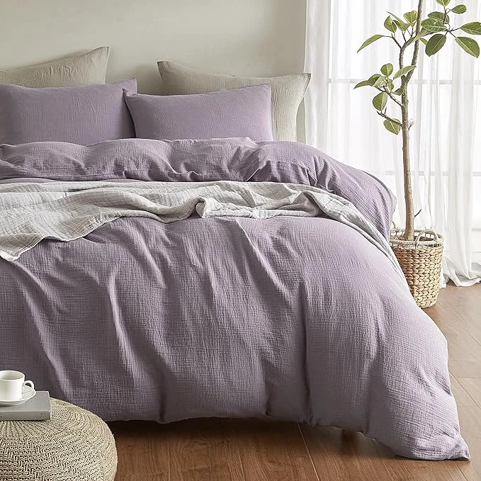 Trendy SE SOFTEXLY Muslin Duvet Cover Queen Size Washed Cotton Duvet Cover Set Ultra Soft Comforter Cover Linen Like 3 Pieces Minimalist Gauze Duvet Cover with 2 Pillowcases 90 quot x90 quot Purple Grey Premium