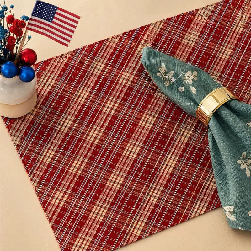 Organic Ownkoti Red Woven Plaid Fabric Table Placemat Relaxed