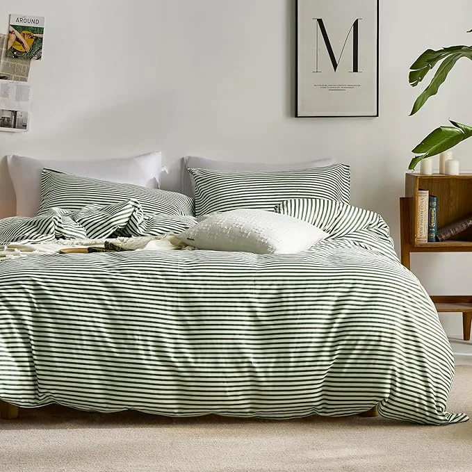Traditional JELLYMONI Natural Cotton 2pcs Striped Duvet Cover Sets White Duvet Cover with Green Stripes Pattern Printed Comforter Cover with Zipper Closure amp Corner Ties Twin Size Luxury
