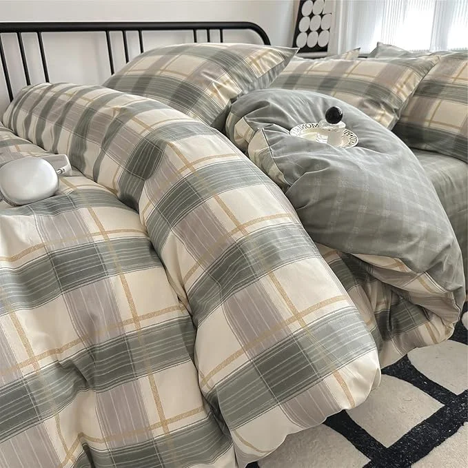 Safe VM VOUGEMARKET Teen Boys Plaid Duvet Cover Set Twin XL Simple Farmhouse Style Cotton Green Buffalo Plaid Gingham Bedding Set 1 Duvet Cover with 2 Pillowcases Detailed
