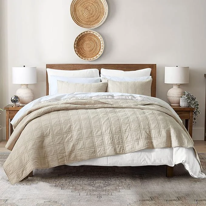 High-Grade HORIMOTE HOME Cotton Quilt Twin Size Beige Bedspread Pre-Washed 2-Piece Cozy Lightweight Stitching Decorative Bedding Cover Coverlet Set with 1 Sham in Geometric Pattern for All Season Premium Material