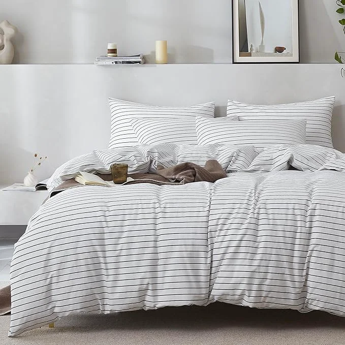 Fine Crafted JELLYMONI Natural Cotton 2pcs Striped Duvet Cover Sets White Duvet Cover with Thin Black Stripes Pattern Printed Comforter Cover with Zipper Closure amp Corner Ties Twin Size Reusable