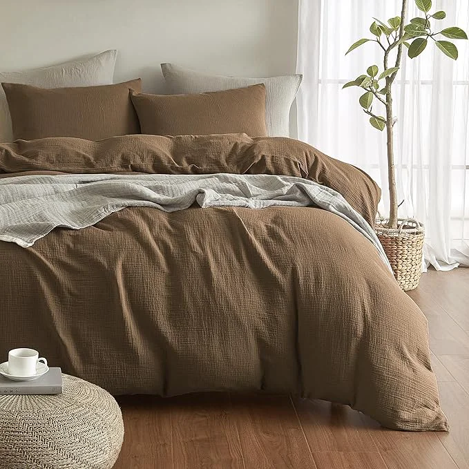 Enhanced SE SOFTEXLY Muslin Duvet Cover Queen Size Washed Cotton Duvet Cover Set Ultra Soft Comforter Cover Linen Like 3 Pieces Minimalist Gauze Duvet Cover with 2 Pillowcases 90 quot x90 quot Dark Brown Fine Crafted