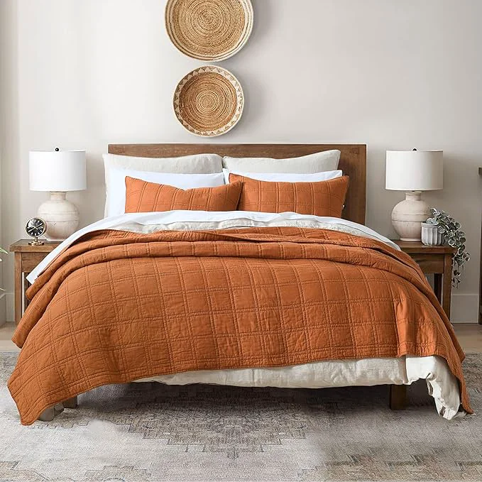 Pure HORIMOTE HOME Cotton Quilt Queen Size Burnt Orange Bedspread Pre-Washed 3-Piece Cozy Lightweight Stitching Bedding Cover Coverlet Set with 2 Shams in Geometric Pattern for All Season High-Quality