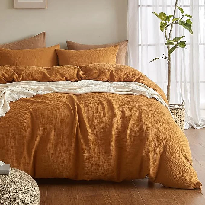 Versatile SE SOFTEXLY Muslin Duvet Cover King Size Washed Cotton Duvet Cover Set Ultra Soft Comforter Cover Linen Like 3 Pieces Minimalist Gauze Duvet Cover with 2 Pillowcases 90 quot x104 quot Pumpkin Smooth