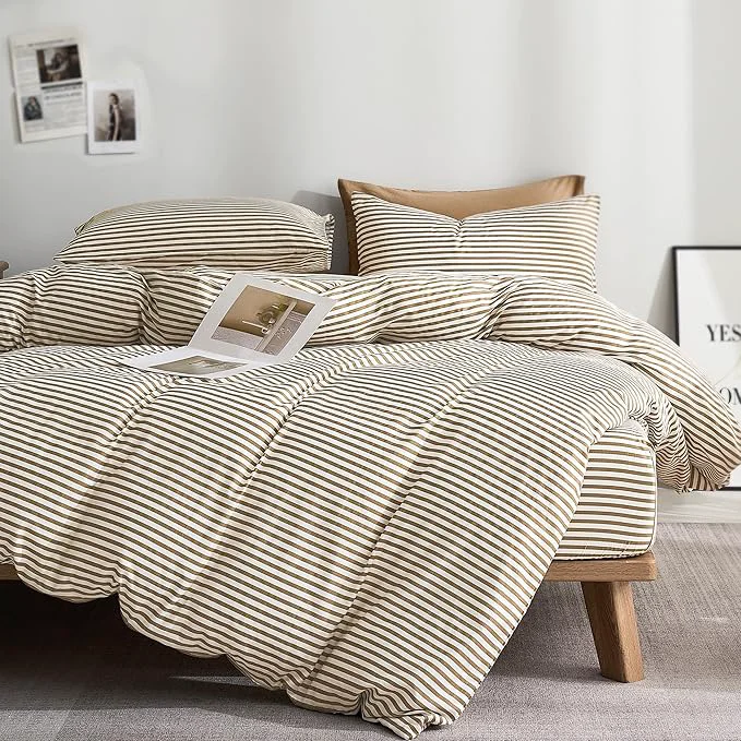 Solid JELLYMONI Natural Cotton 3pcs Striped Duvet Cover Sets White with Khaki Stripes Pattern Printed Comforter Cover with Zipper Closure amp Corner Ties King Size Elite